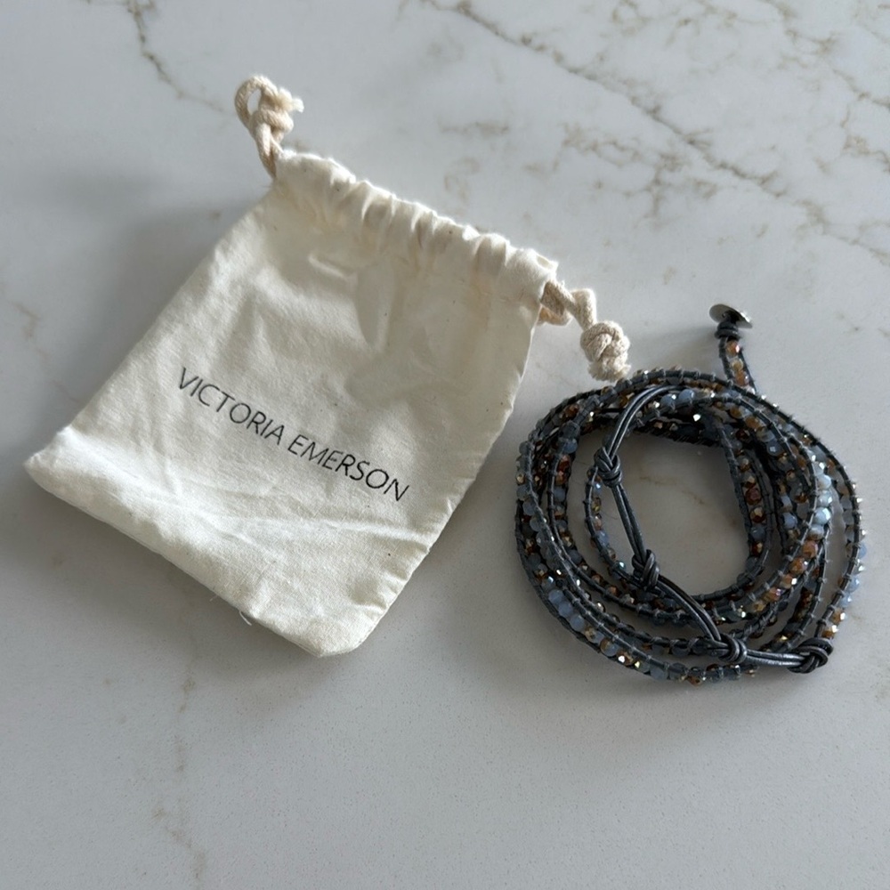 Victoria Emerson Gray-Gold Crystal Leather Wrap Bracelet